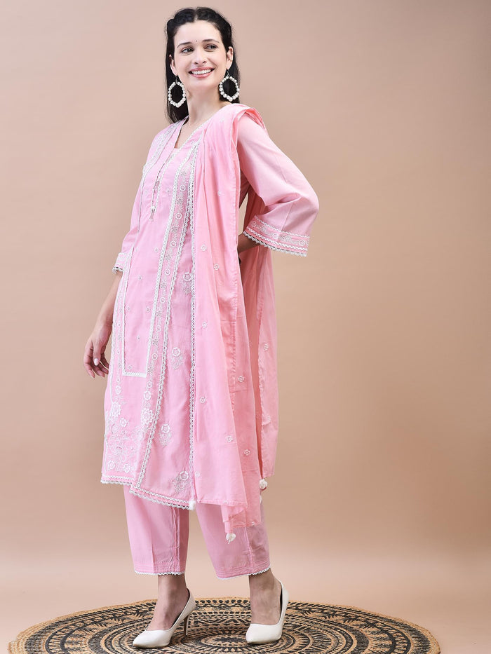 Women Cotton Pink Embroidered Kurta Comfort Pant Dupatta.