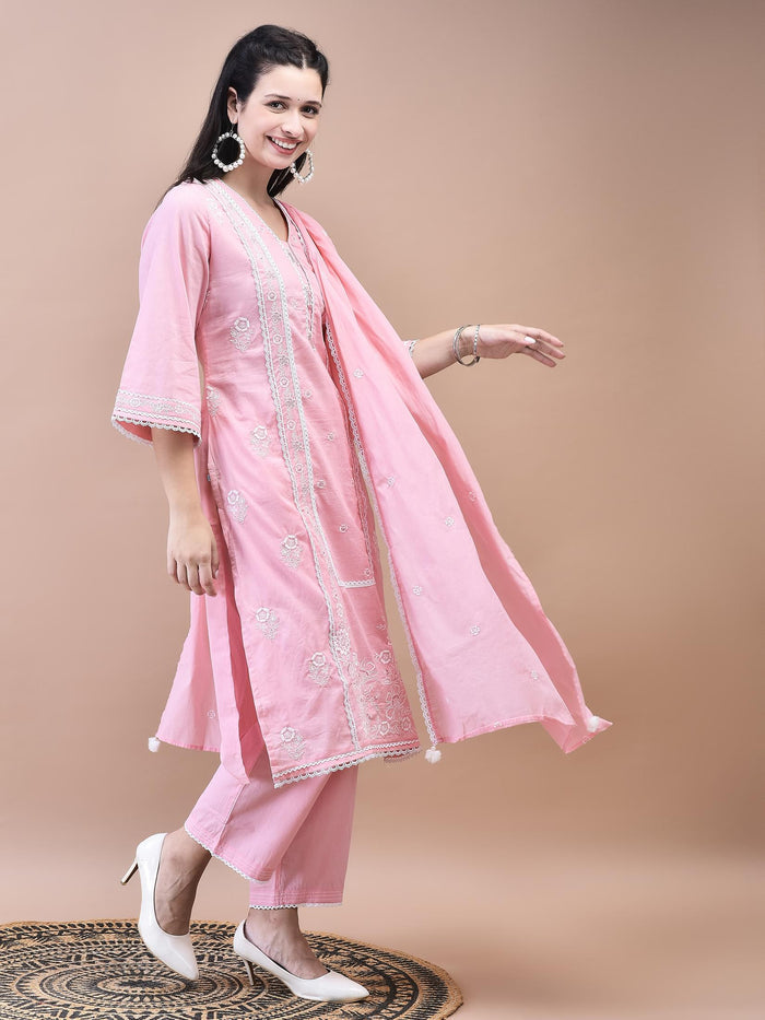 Women Cotton Pink Embroidered Kurta Comfort Pant Dupatta.
