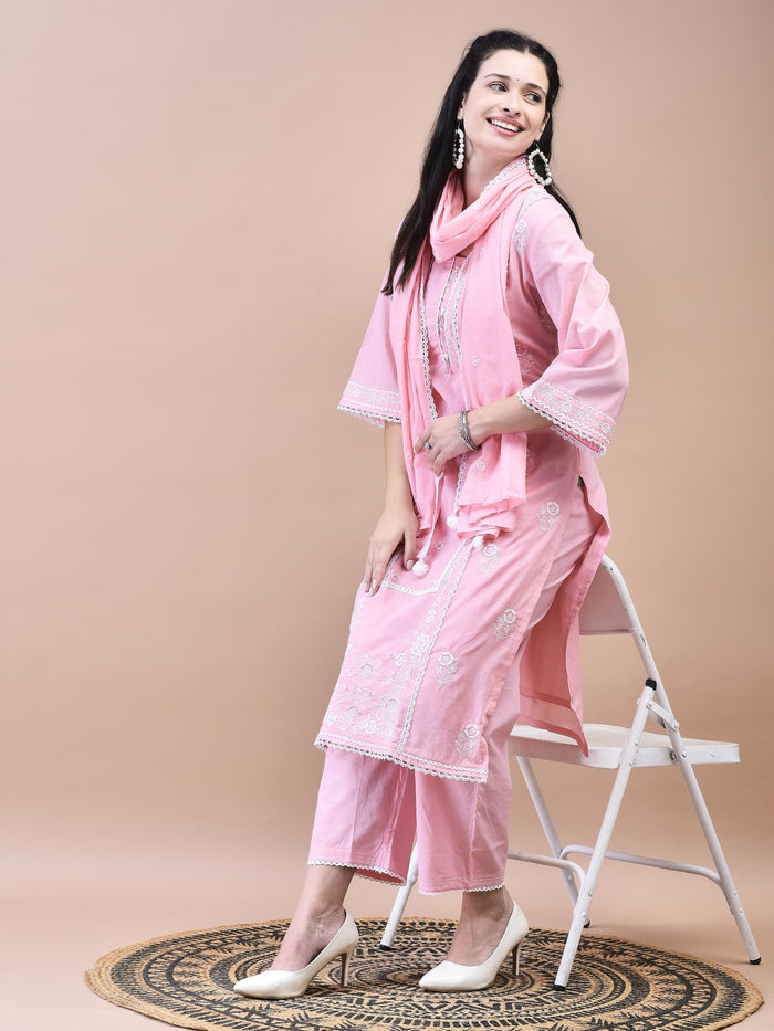 Women Cotton Pink Embroidered Kurta Comfort Pant Dupatta.