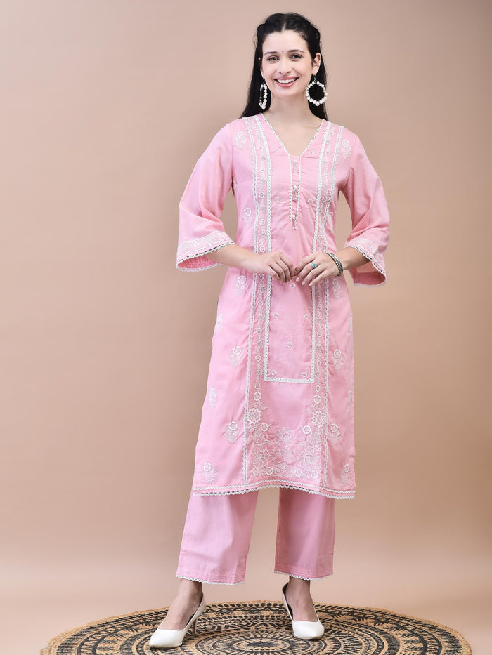 Women Cotton Pink Embroidered Kurta Comfort Pant Dupatta.