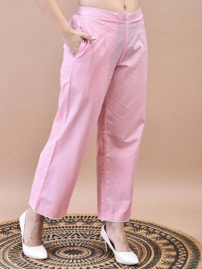 Women Cotton Pink Embroidered Kurta Comfort Pant Dupatta.