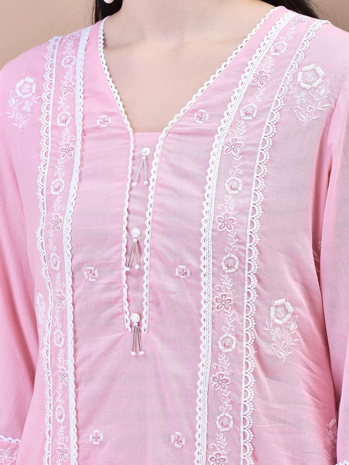 Women Cotton Pink Embroidered Kurta Comfort Pant Dupatta.