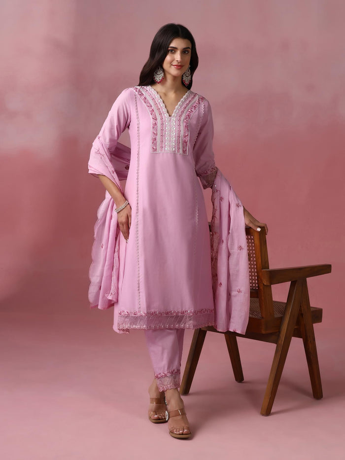 Women Cotton Pink Embroidered Kurta Trouser Dupatta.