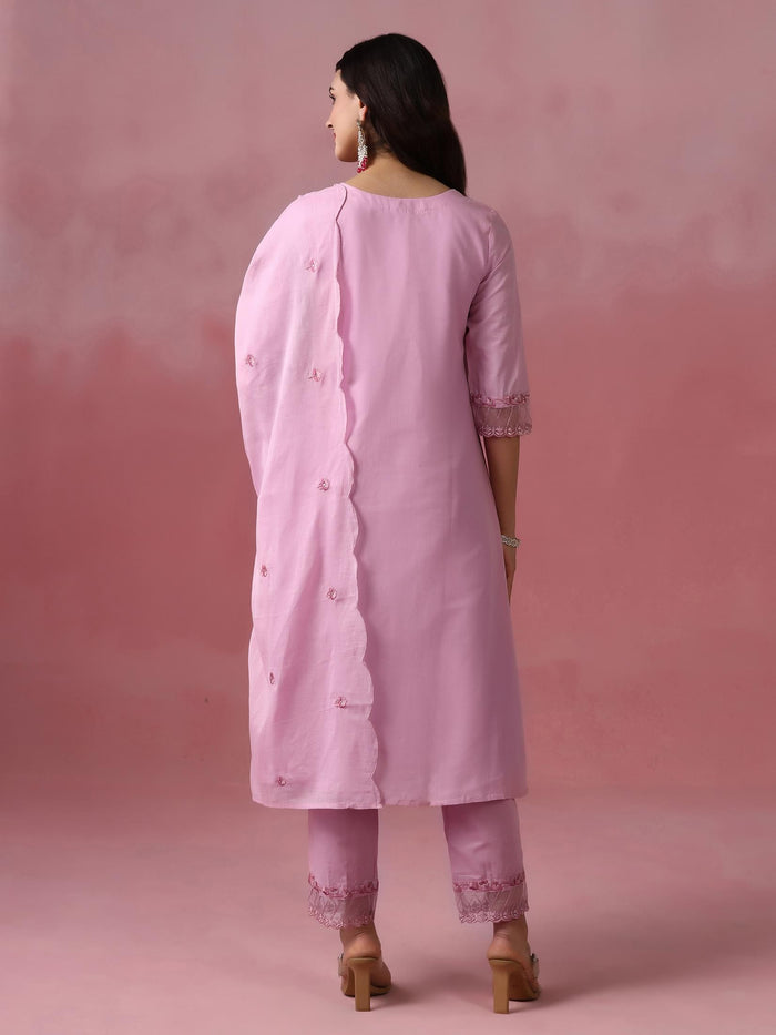 Women Cotton Pink Embroidered Kurta Trouser Dupatta.