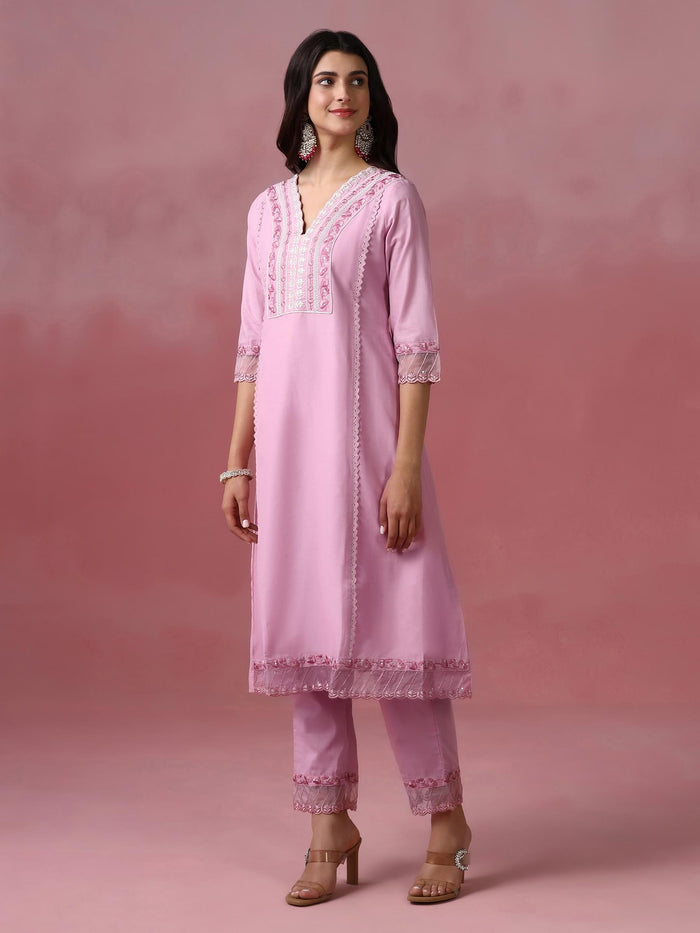 Women Cotton Pink Embroidered Kurta Trouser Dupatta.