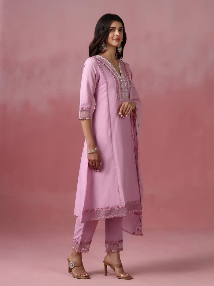 Women Cotton Pink Embroidered Kurta Trouser Dupatta.