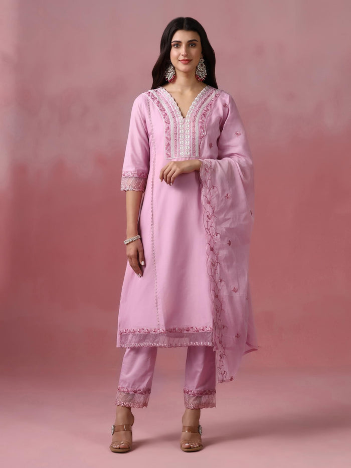 Women Cotton Pink Embroidered Kurta Trouser Dupatta.