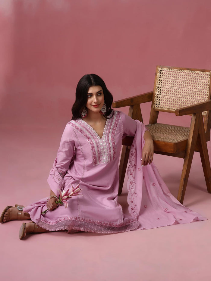 Women Cotton Pink Embroidered Kurta Trouser Dupatta.