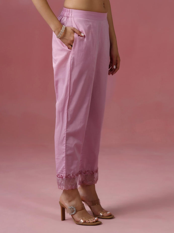 Women Cotton Pink Embroidered Kurta Trouser Dupatta.