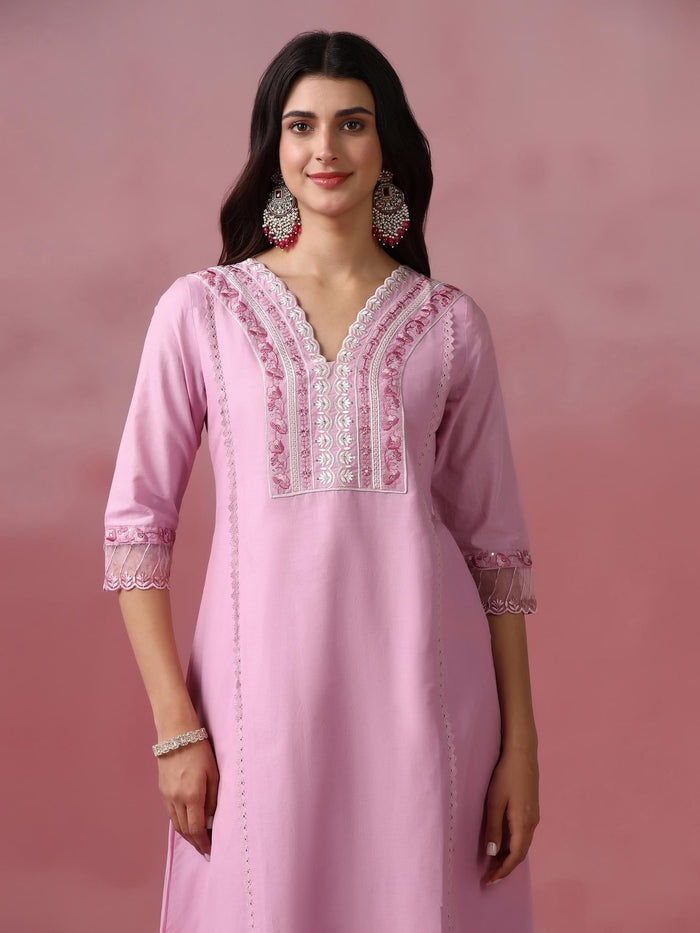 Women Cotton Pink Embroidered Kurta Trouser Dupatta.