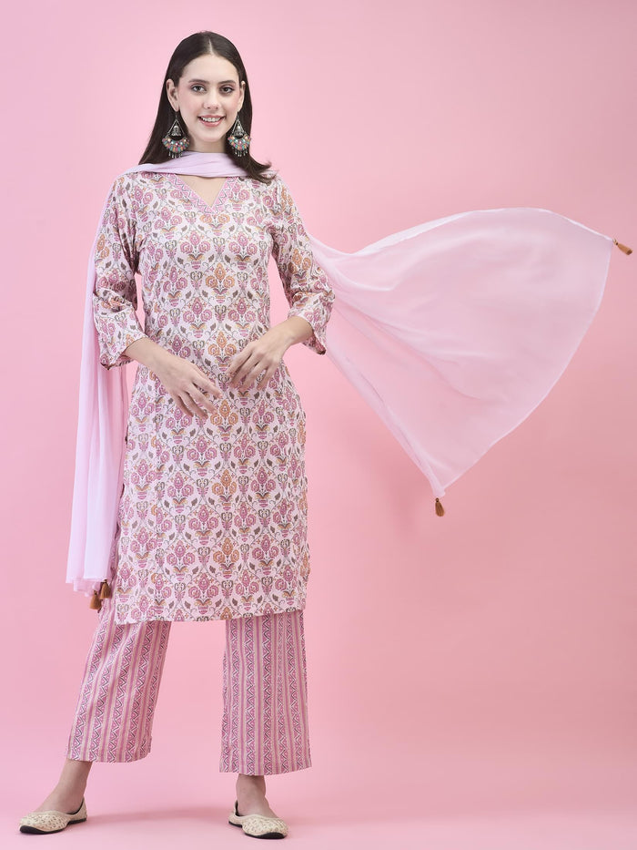 Women Cotton Pink Floral Print Kurta Comfort Pant Dupatta.