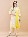 Women Cotton Pink Floral Print Kurta Comfort Pant Dupatta.