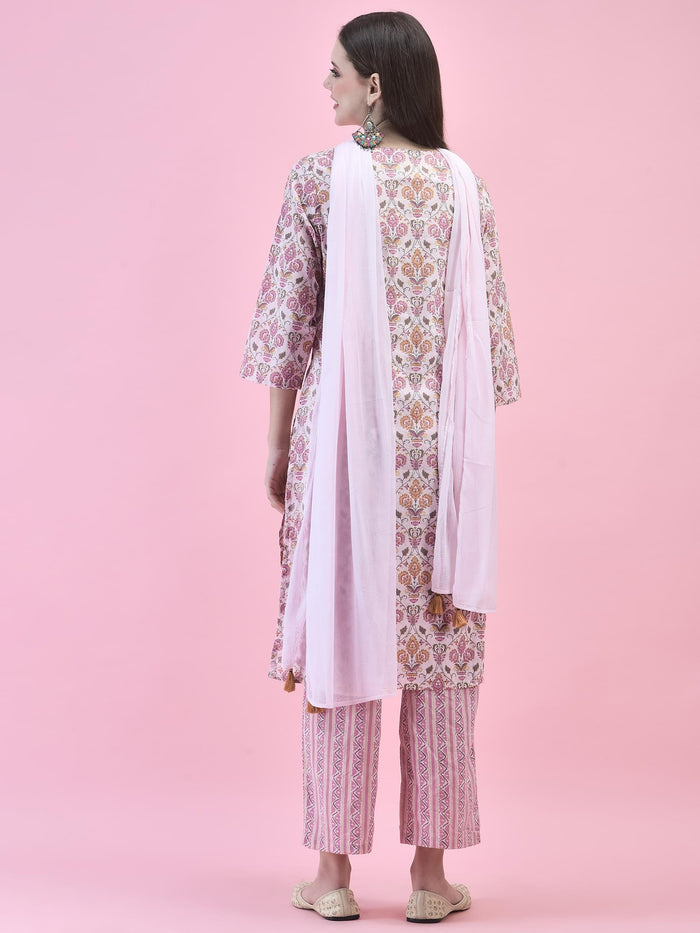 Women Cotton Pink Floral Print Kurta Comfort Pant Dupatta.