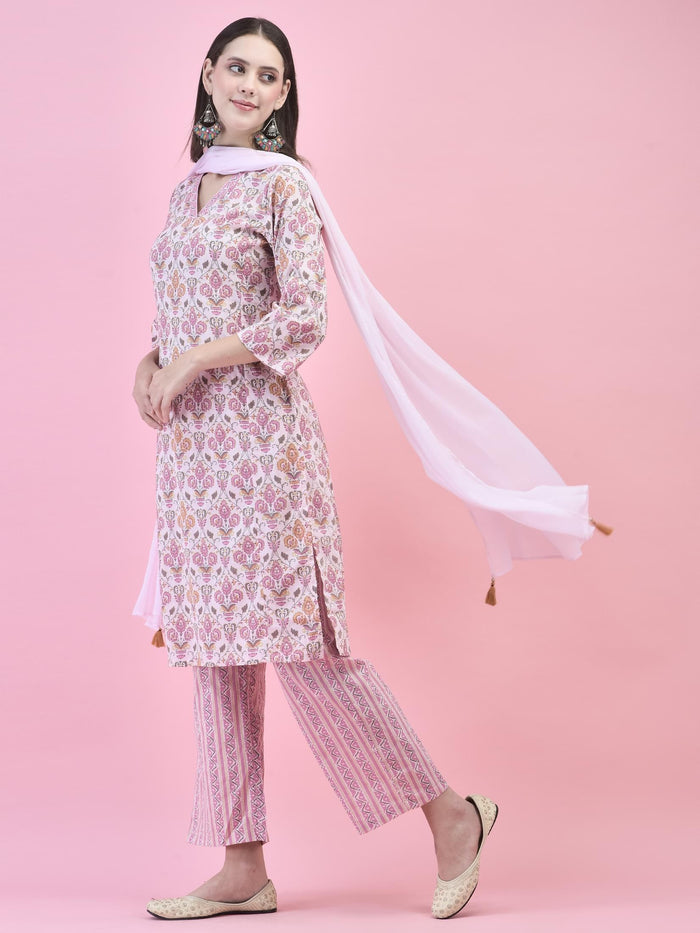 Women Cotton Pink Floral Print Kurta Comfort Pant Dupatta.