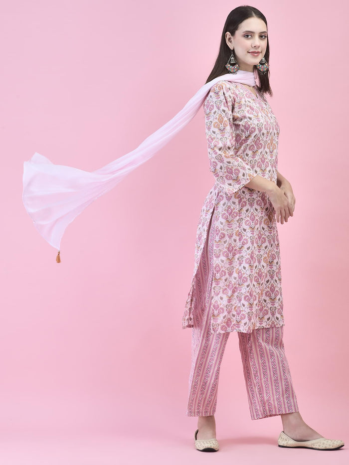 Women Cotton Pink Floral Print Kurta Comfort Pant Dupatta.
