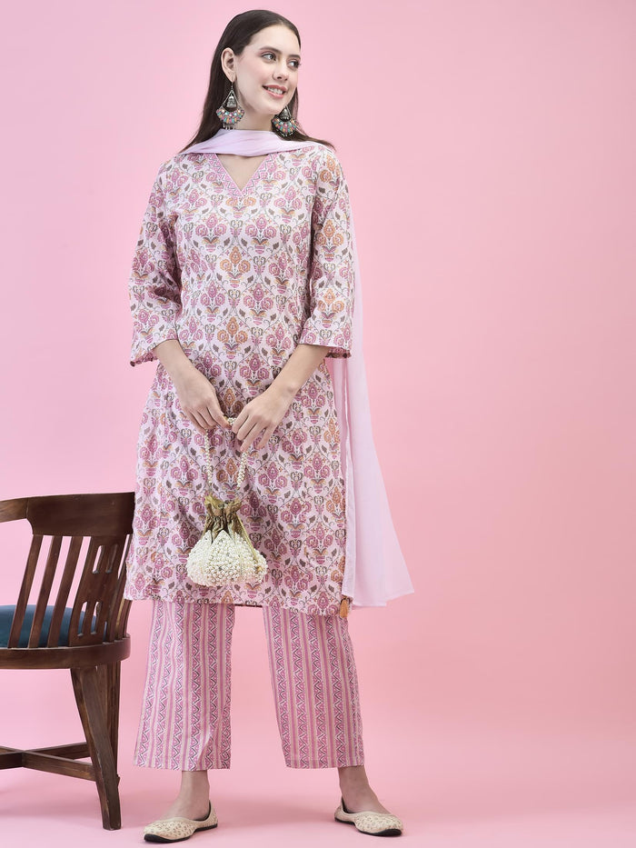Women Cotton Pink Floral Print Kurta Comfort Pant Dupatta.