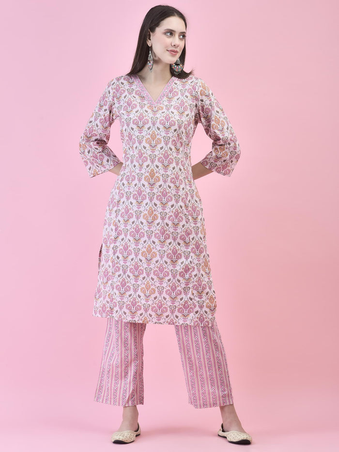 Women Cotton Pink Floral Print Kurta Comfort Pant Dupatta.
