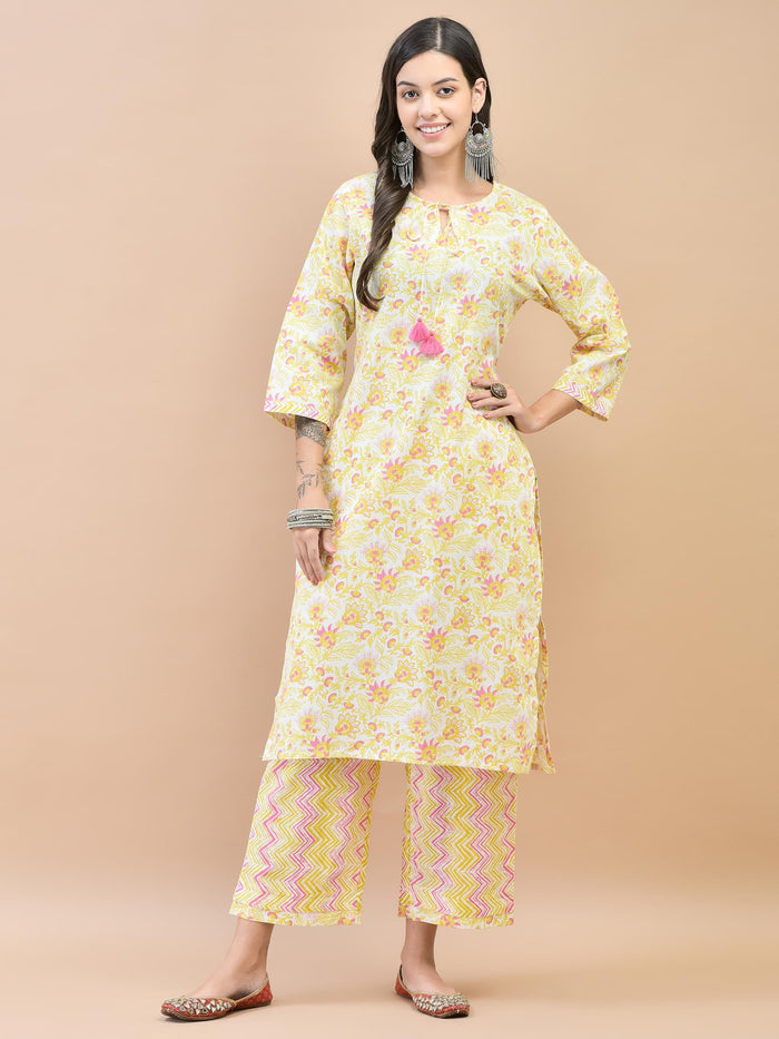 Women Cotton Pink Floral Print Kurta Comfort Pant Dupatta.