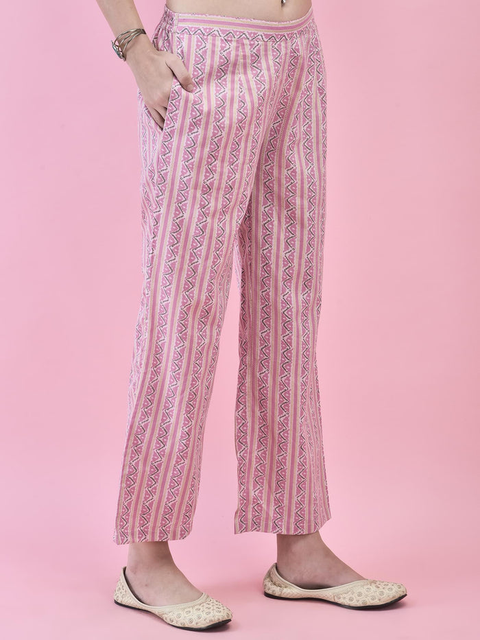 Women Cotton Pink Floral Print Kurta Comfort Pant Dupatta.