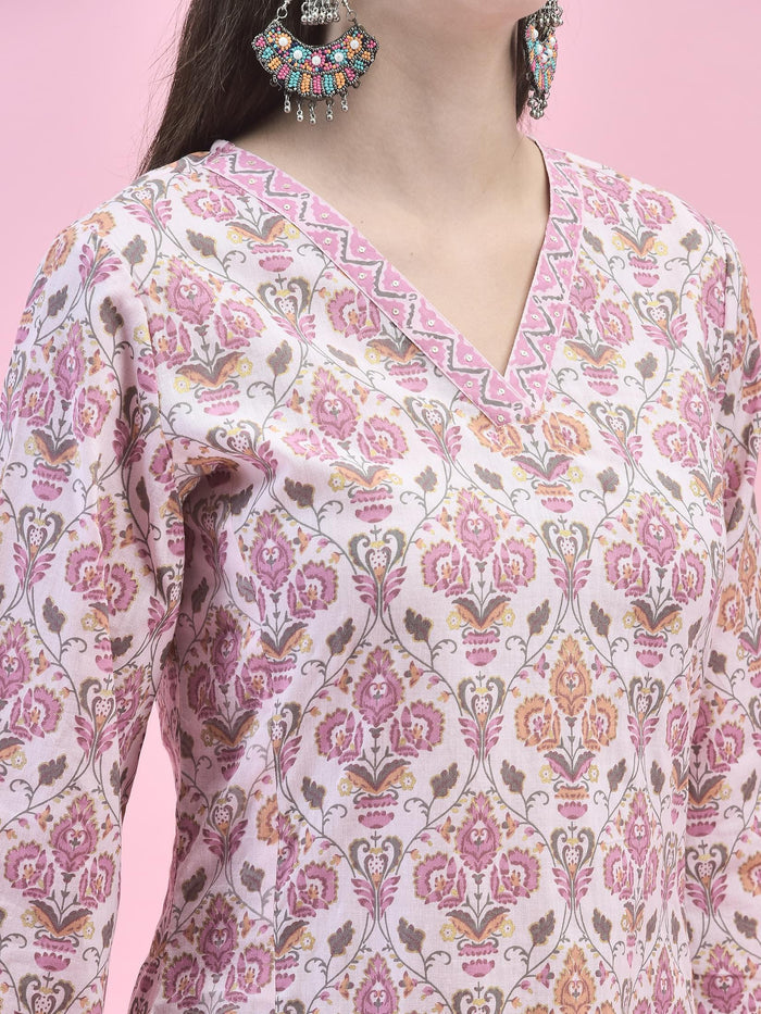 Women Cotton Pink Floral Print Kurta Comfort Pant Dupatta.