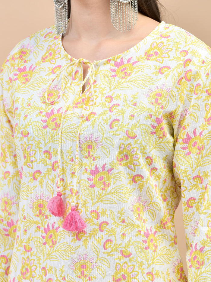 Women Cotton Pink Floral Print Kurta Comfort Pant Dupatta.