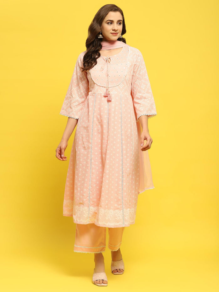 Women Cotton Pink Geometric Print Kurta Comfort Pant Dupatta.