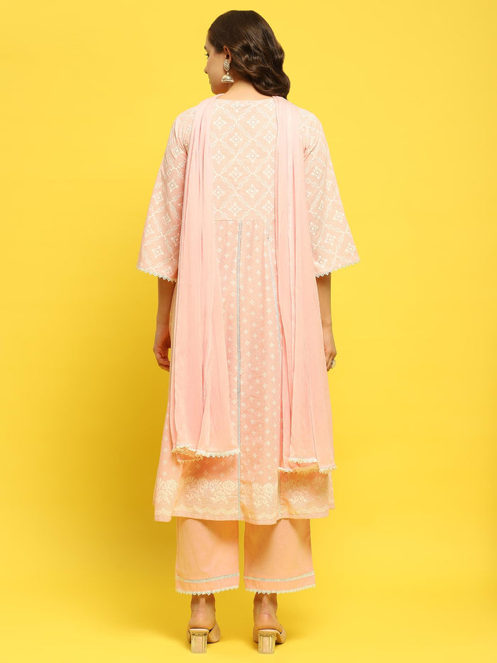 Women Cotton Pink Geometric Print Kurta Comfort Pant Dupatta.