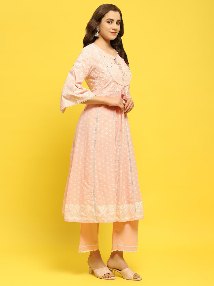 Women Cotton Pink Geometric Print Kurta Comfort Pant Dupatta.