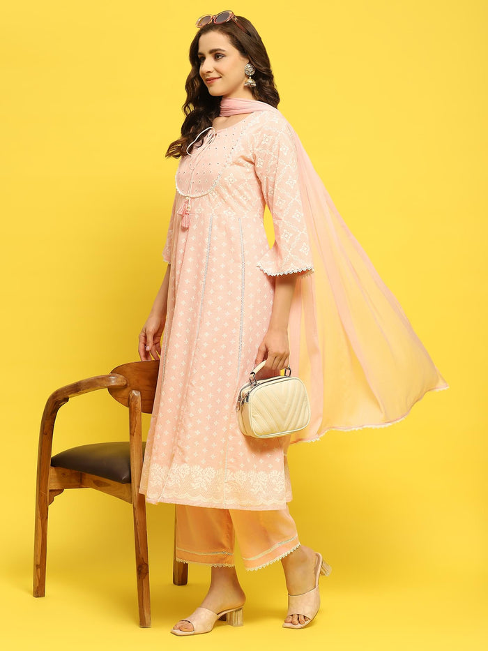 Women Cotton Pink Geometric Print Kurta Comfort Pant Dupatta.