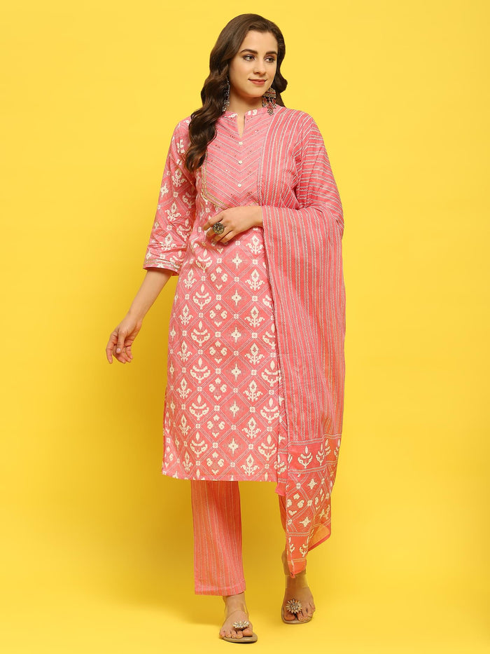 Women Cotton Pink Geometric Print Kurta Trouser Dupatta.