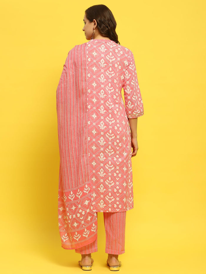 Women Cotton Pink Geometric Print Kurta Trouser Dupatta.