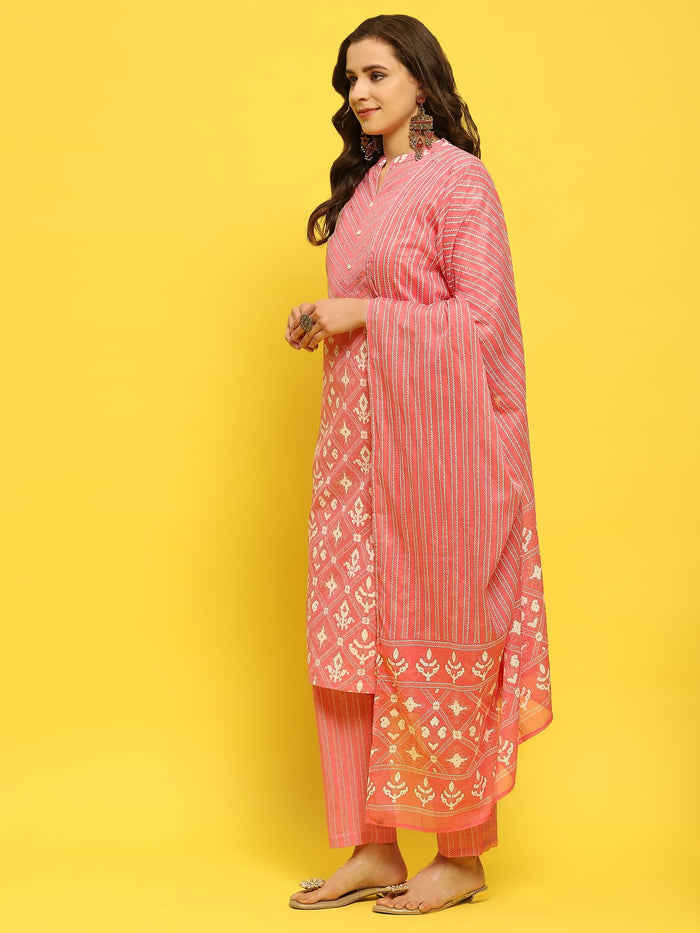 Women Cotton Pink Geometric Print Kurta Trouser Dupatta.