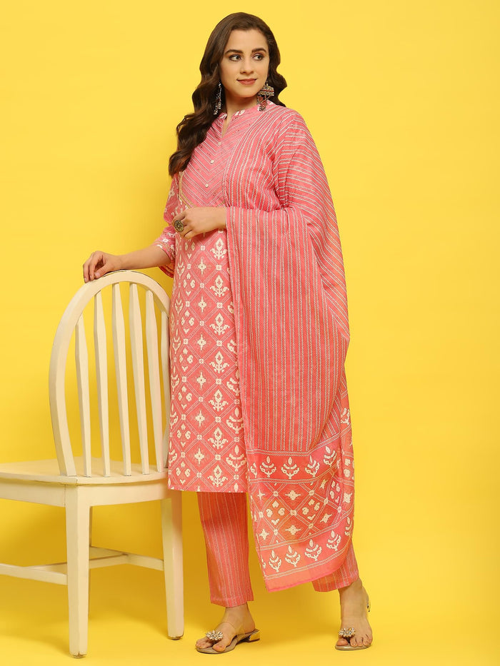 Women Cotton Pink Geometric Print Kurta Trouser Dupatta.