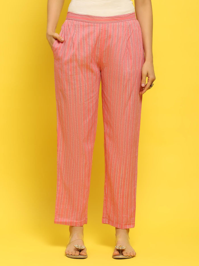Women Cotton Pink Geometric Print Kurta Trouser Dupatta.