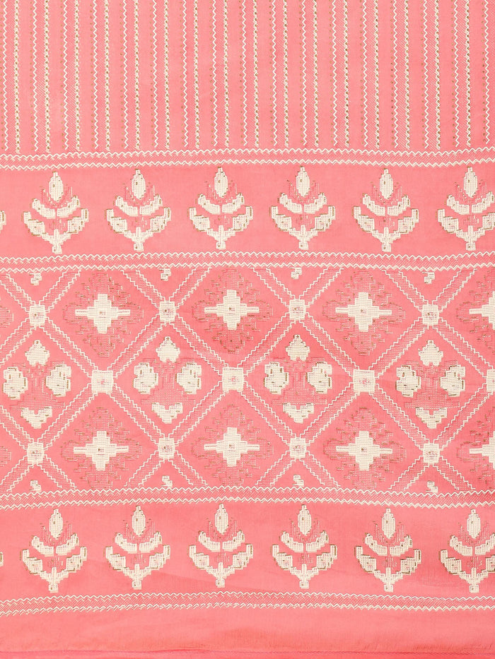 Women Cotton Pink Geometric Print Kurta Trouser Dupatta.