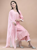 Women Cotton Pink Printed Kurta Comfort Pant Dupatta.