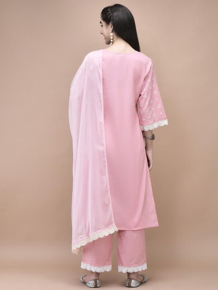 Women Cotton Pink Printed Kurta Comfort Pant Dupatta.