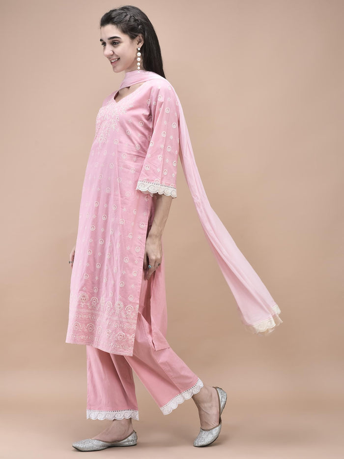 Women Cotton Pink Printed Kurta Comfort Pant Dupatta.