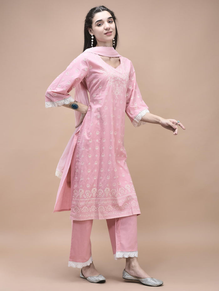 Women Cotton Pink Printed Kurta Comfort Pant Dupatta.