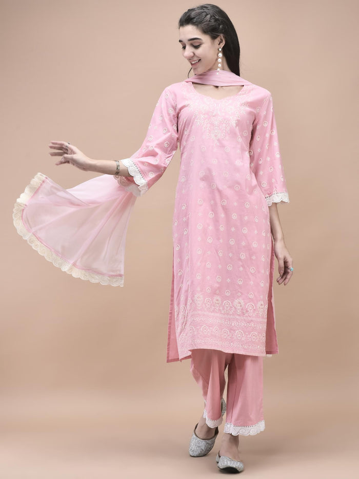 Women Cotton Pink Printed Kurta Comfort Pant Dupatta.