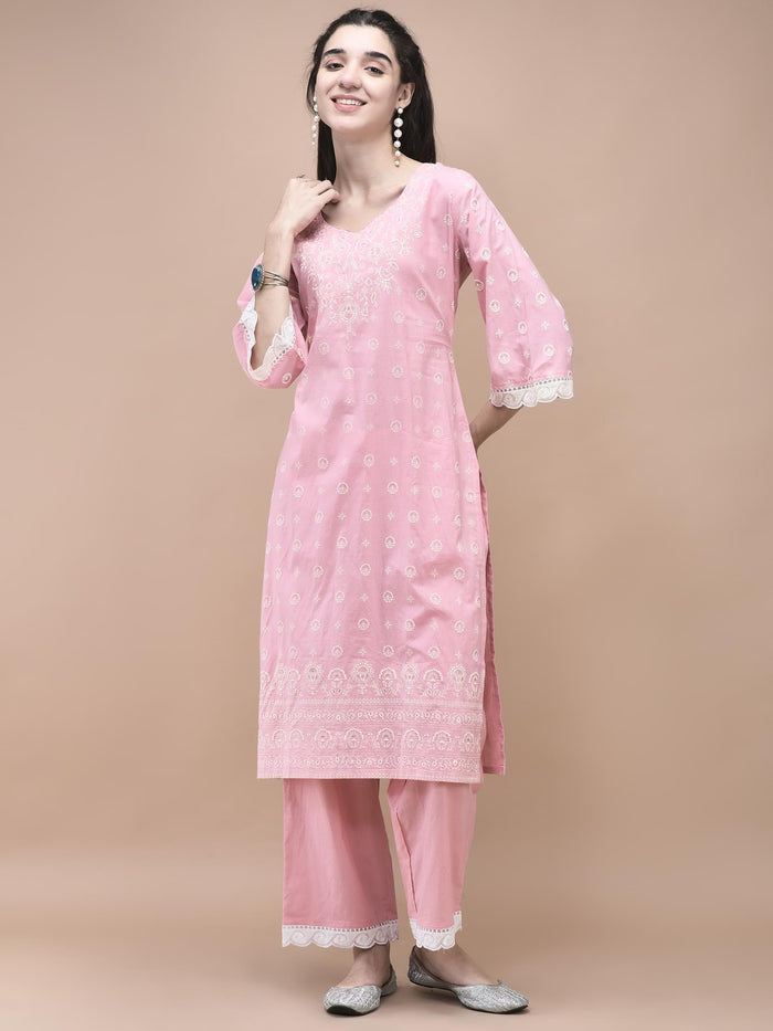 Women Cotton Pink Printed Kurta Comfort Pant Dupatta.