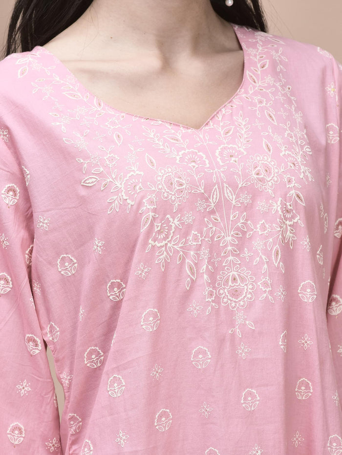 Women Cotton Pink Printed Kurta Comfort Pant Dupatta.