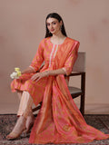 Women Cotton Pink Printed Kurta Trouser Dupatta.