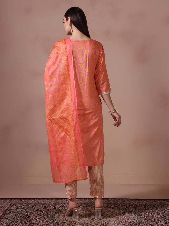 Women Cotton Pink Printed Kurta Trouser Dupatta.