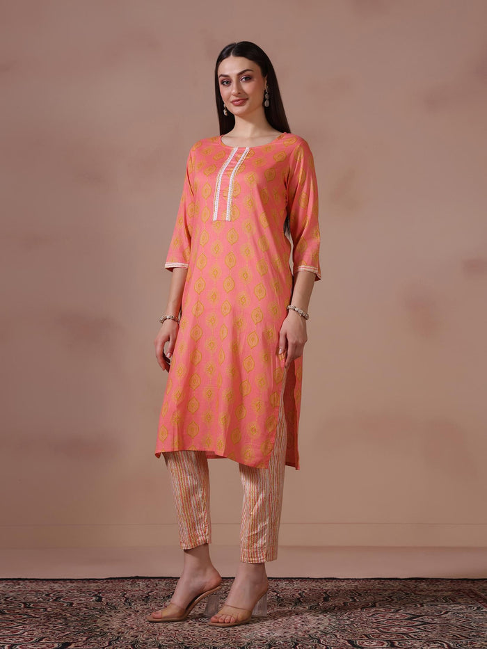 Women Cotton Pink Printed Kurta Trouser Dupatta.
