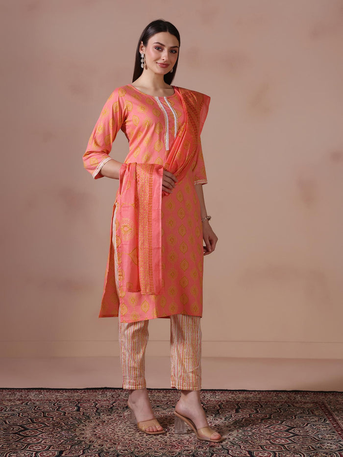 Women Cotton Pink Printed Kurta Trouser Dupatta.