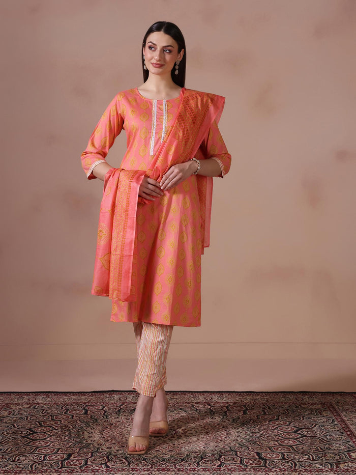 Women Cotton Pink Printed Kurta Trouser Dupatta.