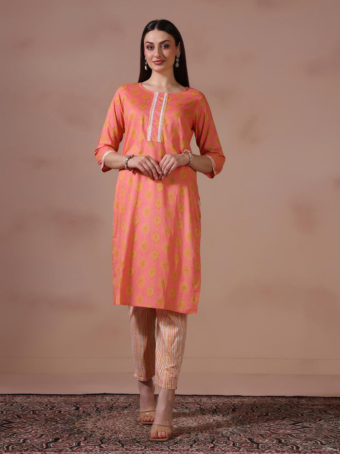 Women Cotton Pink Printed Kurta Trouser Dupatta.