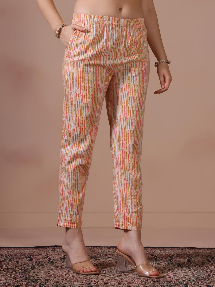 Women Cotton Pink Printed Kurta Trouser Dupatta.