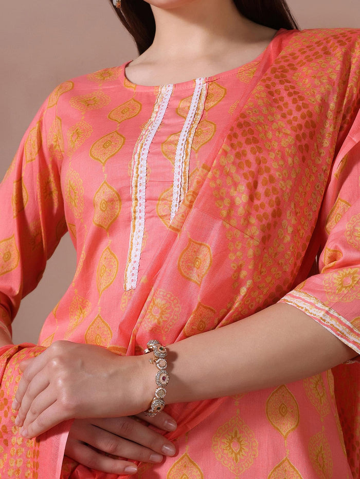 Women Cotton Pink Printed Kurta Trouser Dupatta.
